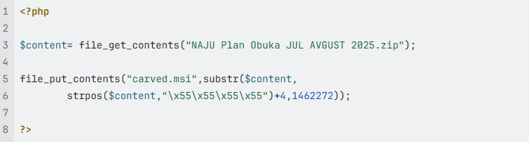 Figure 12: sample php code to carve the msi from the zip