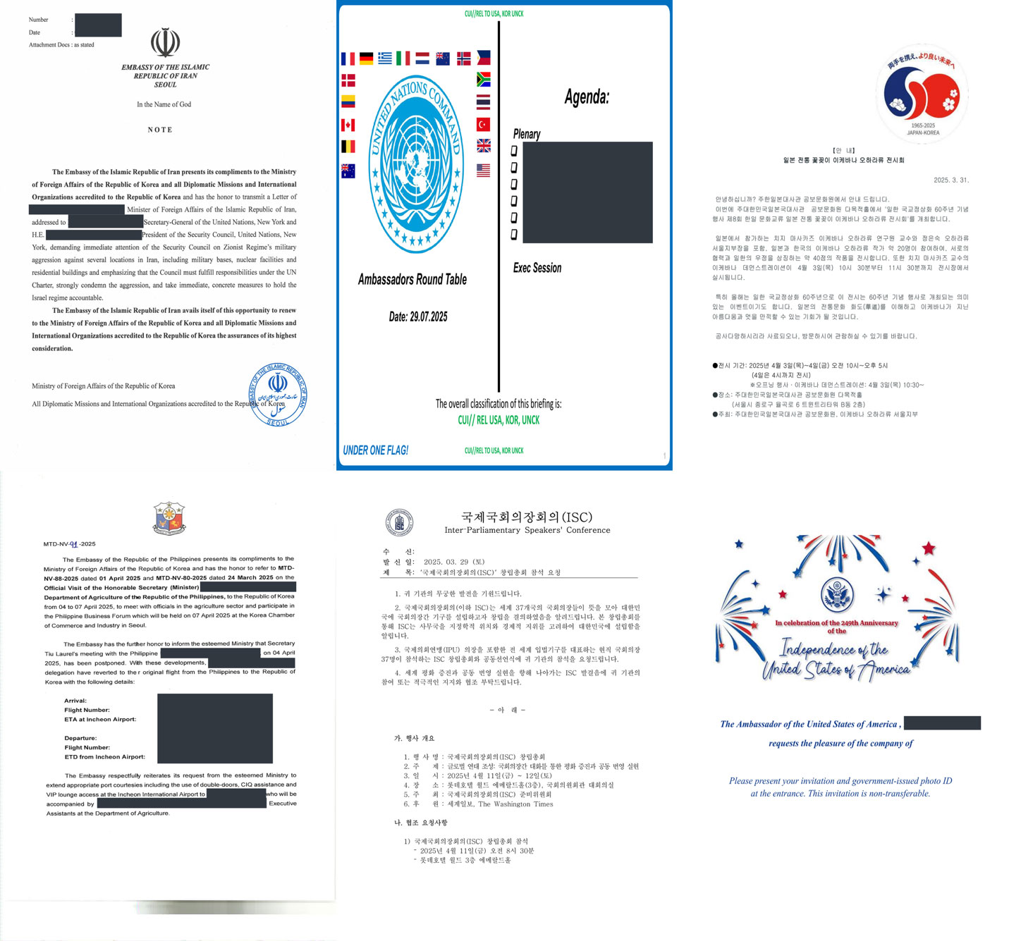 Figure 3: Six first-page decoy documents used in the campaign. The lures display a variety of languages and themes.