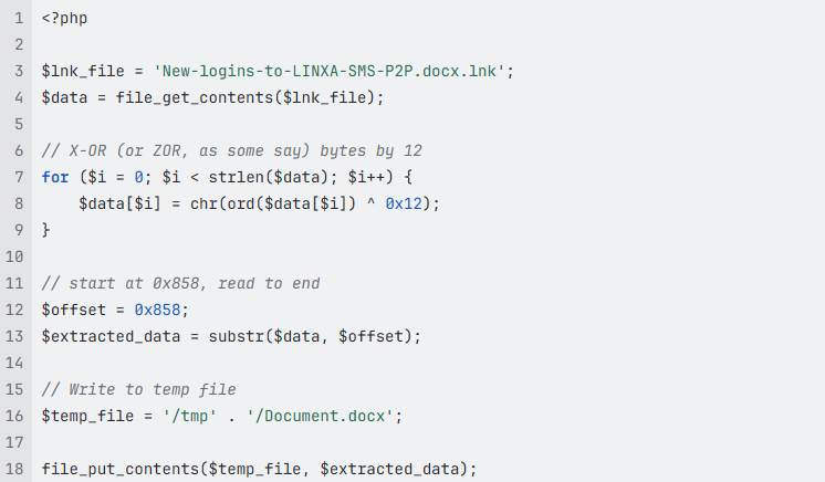 Figure 3: PHP script to decode the decoy docx from inside the lnk